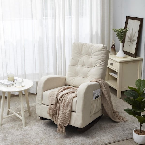 Beige Velvet Fabric Rocking Chair Folding Sofa Japanese Tatami Leisure Chair Rocker Armchair Reclining Lazy Sofa