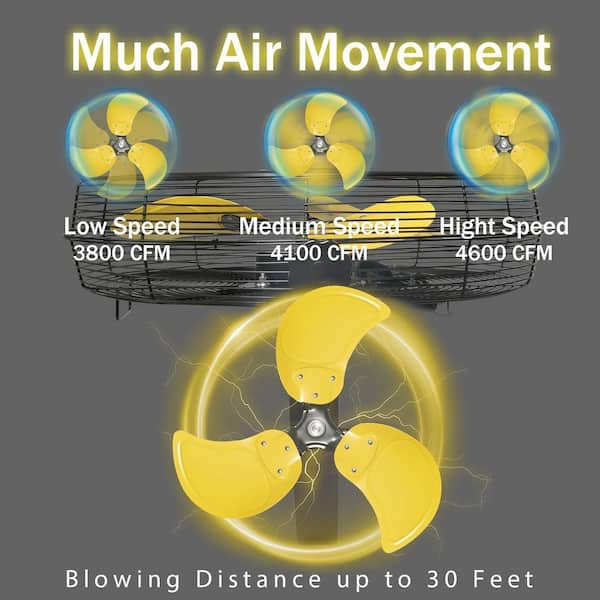 HiCFM 18 in. Yellow Mounted Wall Fan, 4600 CFM 3-Speed TEAO Motor, Tilting Metal Fan for Barn, Garage, Workshop