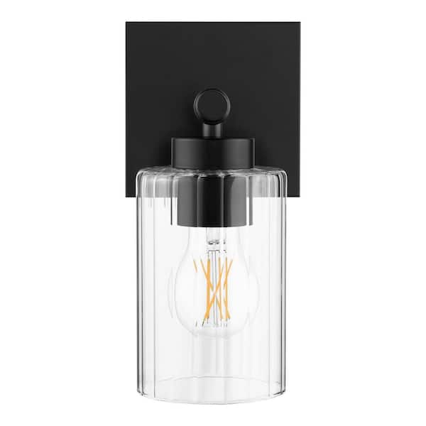 5 in. 1-Light Matte Black Wall Sconce with Clear Ribbed Glass Shade