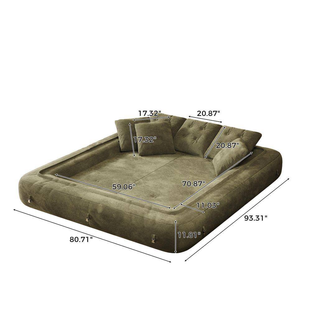 Dimension diagram of the Jasiway green corduroy velvet sofa fully expanded.