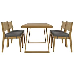 5-Piece Brown Acacia Wood Outdoor Dining Set with Gray Cushions, Suitable for Balcony, Vourtyard and Garden