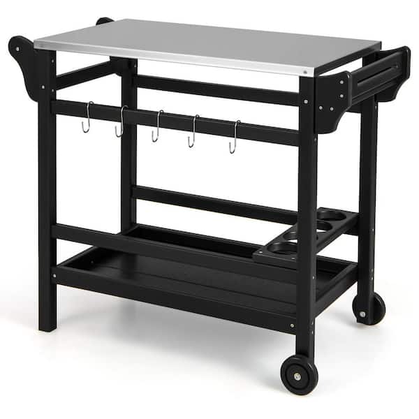 ANGELES HOME 41 in. Movable Outdoor Dining Grill Cart Table HDPE Pizza Oven Stand Table with Stainless Steel Tabletop