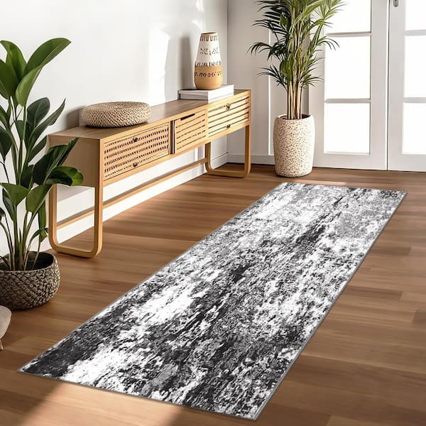 Gray Black 2 ft. x 6 ft. Modern Abstract Decorative Area Rug Polyester