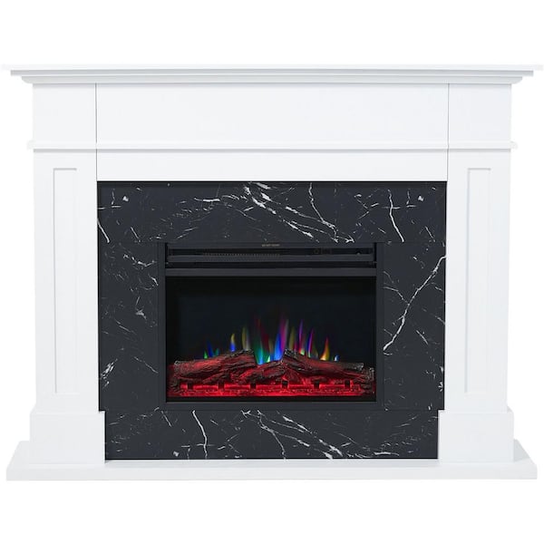 Sofia 53 in. Ventless Freestanding Electric Fireplace Mantel in White with Black Marble Inlay