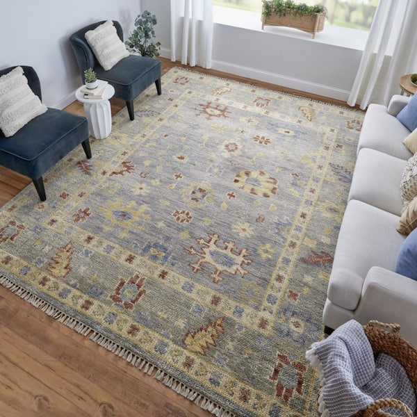 2 ft. x 12 ft. Blue, Gray Floral Runner Rug