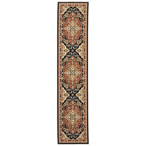 Lillian Black/Red 2 ft. x 12 ft. Medallion Traditional Oriental Wool/Nylon Blend Fringed-Edge Indoor Runner Area Rug