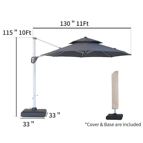 11 ft. Octagon Aluminum Offset Cantilever Patio Umbrella 360 Rotation Outdoor Tilt Umbrella with Cover and Base in Gray