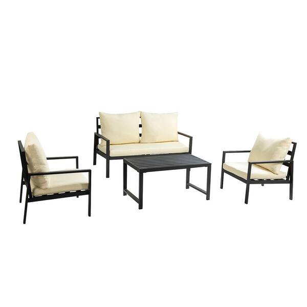 JAYDEN CREATION Enfants 4-Piece Aluminum Patio Fire Pit Outdoor Sofa Set with Beige Cushions