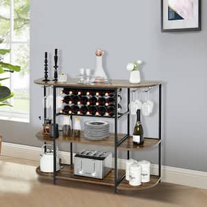 Rustic Brown 3-Shelf Wood 47 in. W Baker's Rack with Glass Holder and Storage Shelves