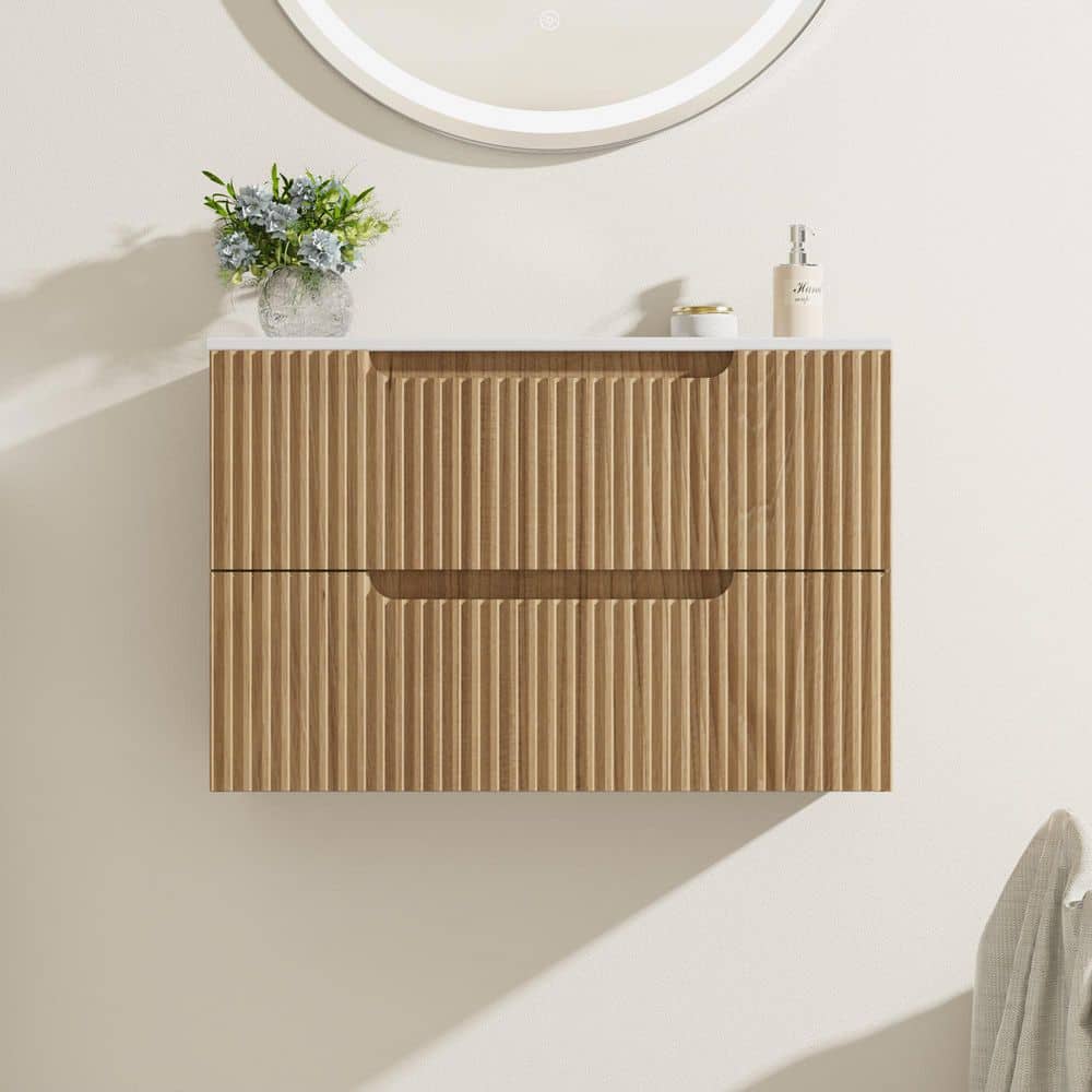 30 in. W Floating Wall Mounted Bath Vanity in Walnut with White Ceramic Top and U-shaped Drawers price history on PriceWatchPro