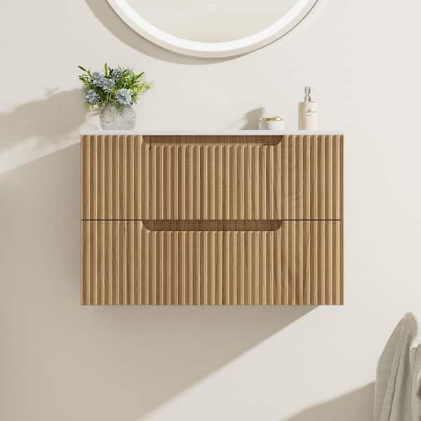 30 in. W Floating Wall Mounted Bath Vanity in Walnut with White Ceramic Top and U-shaped Drawers