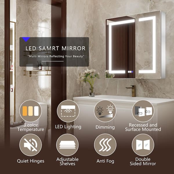 30 in. W x 30 in. H Rectangular Silver Aluminum Recessed/Surface Mount Medicine Cabinet with Mirror and LED