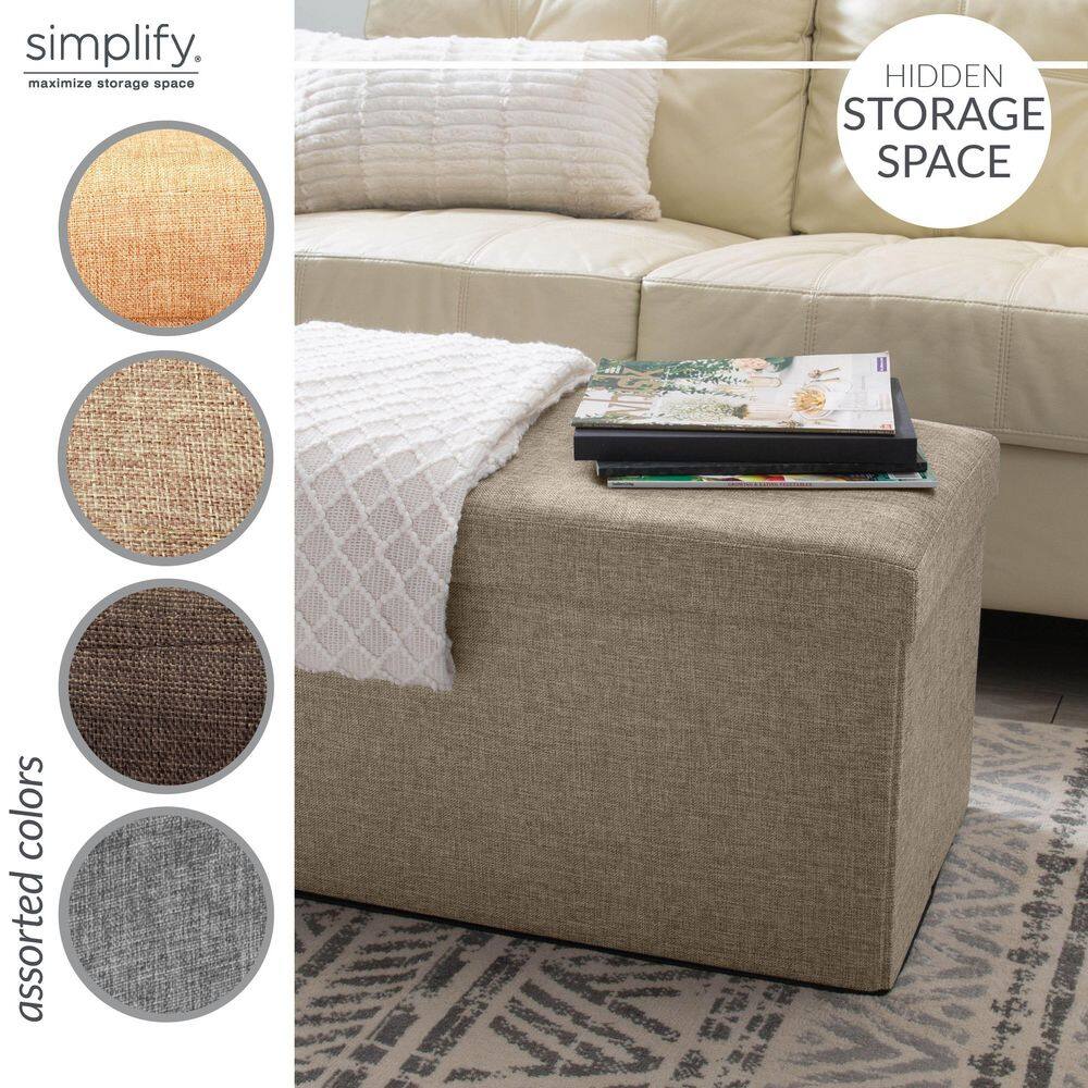 Simplify Beige Faux Linen Double Folding Storage Ottoman