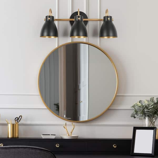 22.4 in. 3-Light Black and Gold Vanity Light with Metal Shades