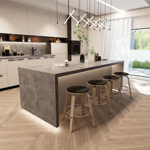 Leisuremod 25 in. Counter Height Stool in Leather with Poplar Wood Legs and Iron Footrest 360-Swivel Seat in Washed Walnut/Black