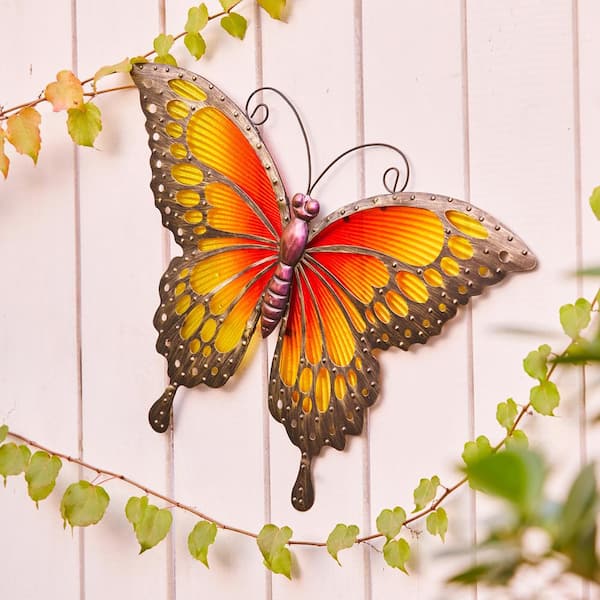 LuxenHome Metal and Glass Orange/Yellow Butterfly Outdoor Wall Decor  WHAO1524 - The Home Depot
