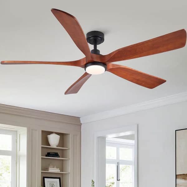 TeakAura 60 in. Indoor Matte Black Downrod Standard Ceiling Fan with Light and Walnut Wood Blades, Remote Included