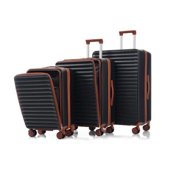3-Piece Black ABS+PC Hardside Spinner Luggage Set with Front Pocket and Cup Holder (20/24/28 in. )