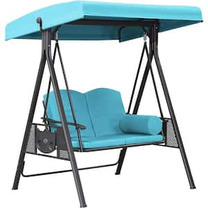 2-Person All-Weather Steel Frame Porch Swing Adjustable Tilt Canopy, Cushions and Pillow Included, Turquoise Blue