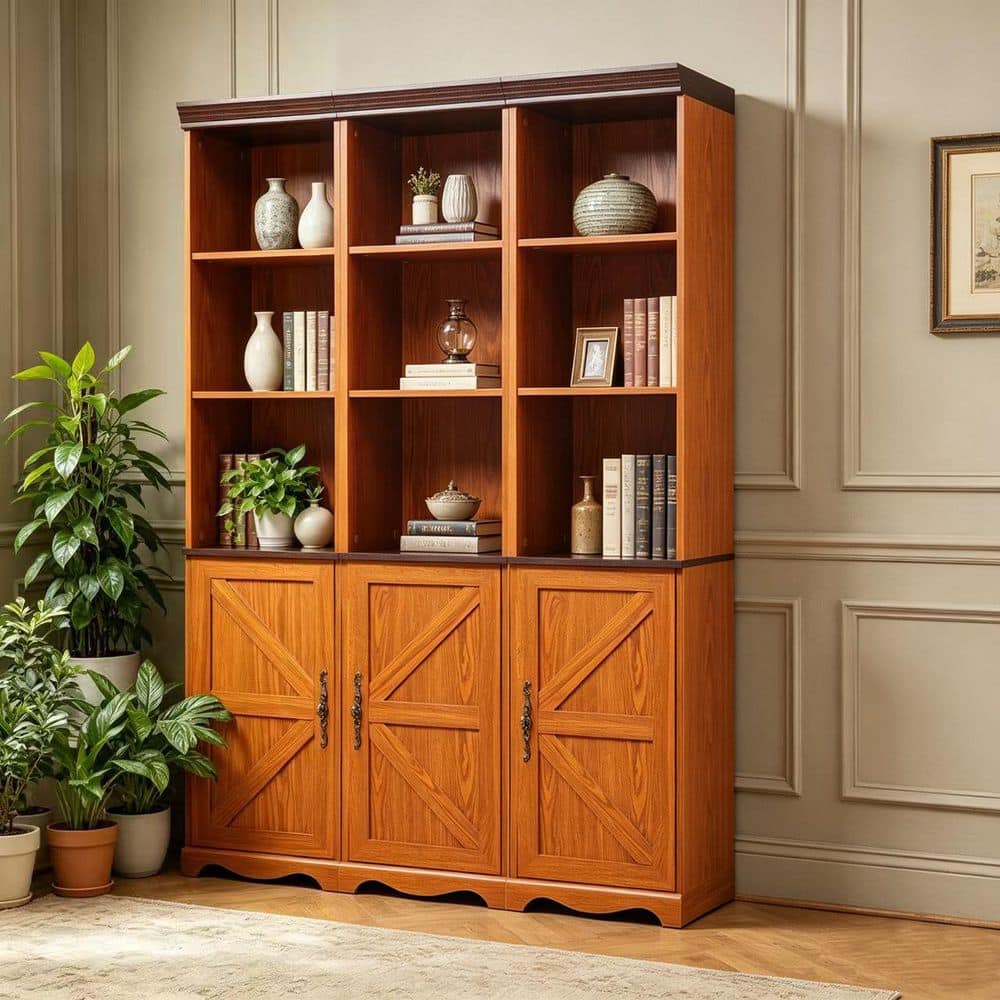 Dark Oak 70.86 in. H MDF Wood Freely Combine Storage Cabinet with 3D Wood Grain Surface, (Set of 3)