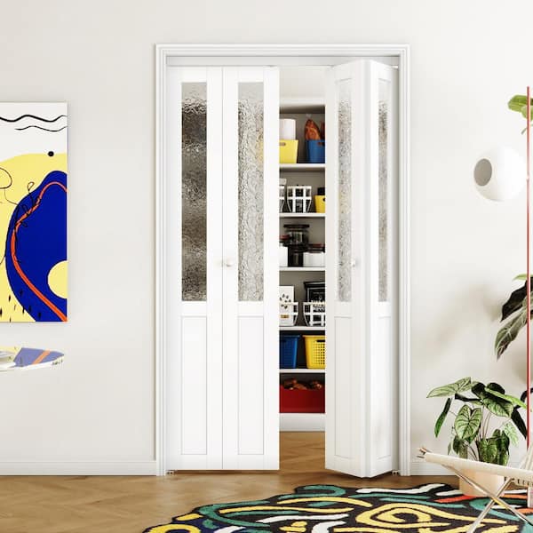 TENONER 48 in. W. x 80 in. (Double 24 in. Doors) White, MDF, Half Tempered Hammered Panel Bi-Fold Interior Door Hardware Kits