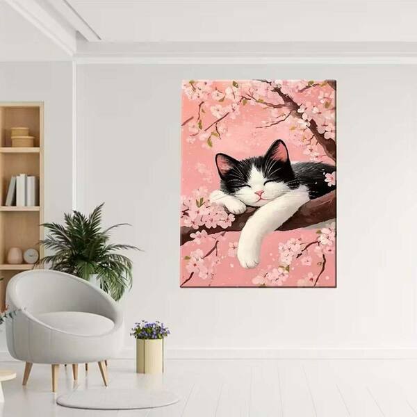 Cherry Blossom Tree and Sleeping Cat Canvas Art Print 24 x 36 in