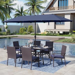 Black 8-Piece Metal Patio Outdoor Dining Set with Rectangle Slat Table, Umbrella and Rattan Chair with Blue Cushion