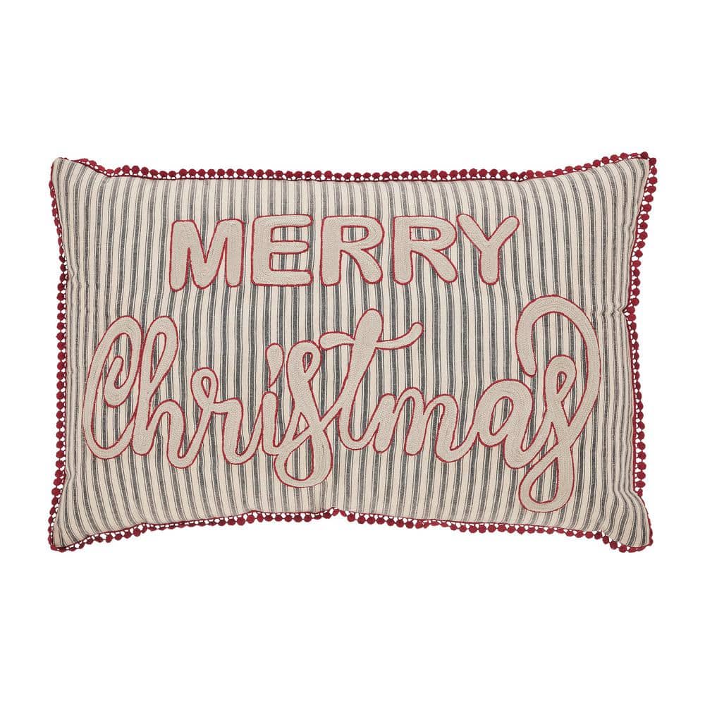 Merry Christmas Charcoal and Red Cotton Embroidered Throw Pillow