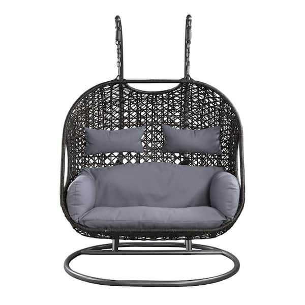 Misopily Modern Design 2-Person Metal Outdoor Patio Swing Egg Chair with Stand, Hand Woven All-Weather Wicker in Gray Cushions