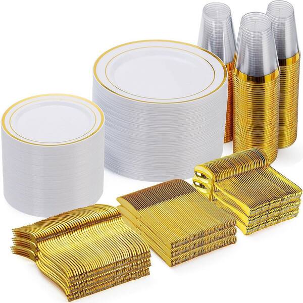 600-Piece Gold Disposable Plastic Dinnerware Set for 100 Guests, Dinner and Dessert Plates with Cups and Utensils