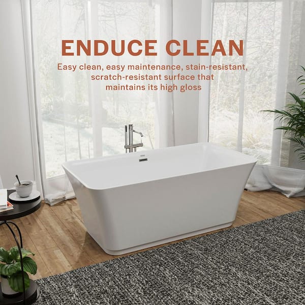 59 in. Acrylic Flatbottom Rectangular Freestanding Soaking Bathtub in White with Polished Chrome Overflow and Drain