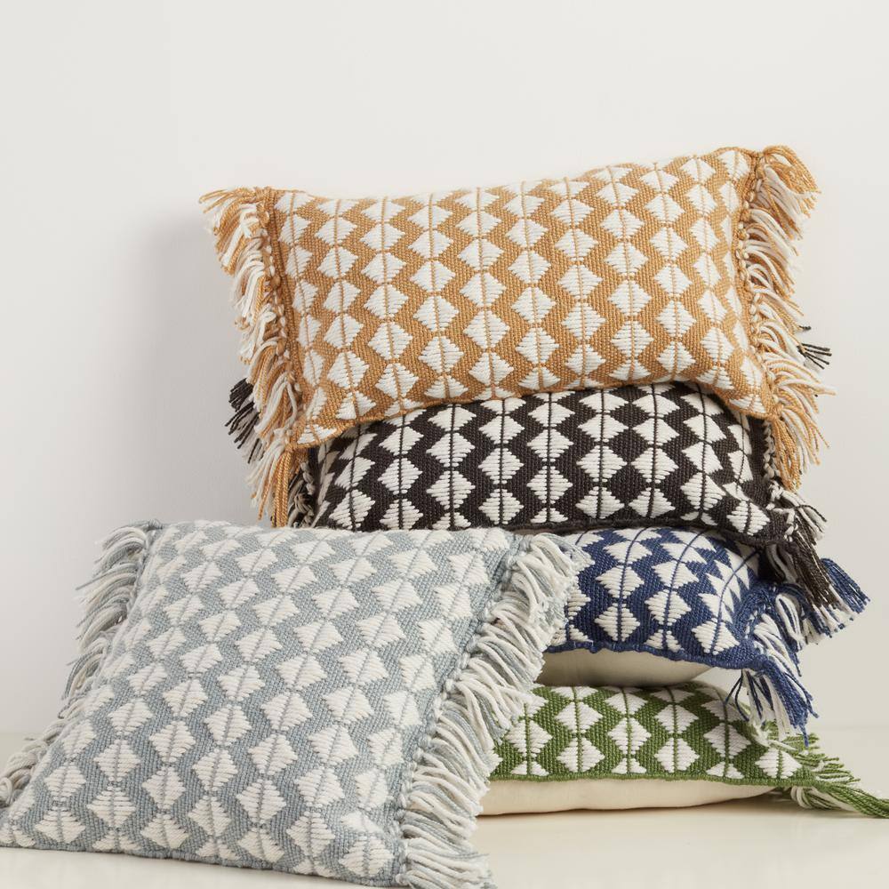 Dark Blue and Ivory Rectangular Polyester Tassel Throw Pillow