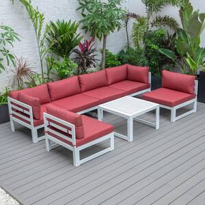 Chelsea 7-Piece Patio Sectional And Coffee Table Set White Aluminum With Red Cushions