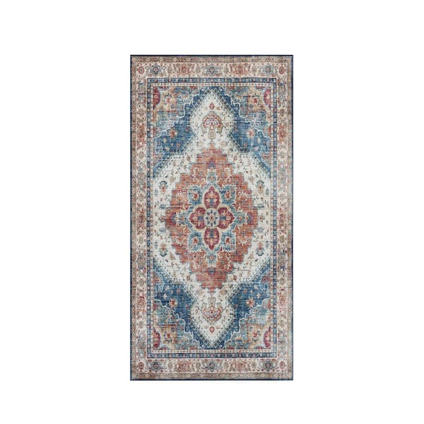 CREATIVE HOME IDEAS Imagine Chenille Posey Blue Multi-Colored 2 ft. x 4 ft. Medallion Polyester Area Rug