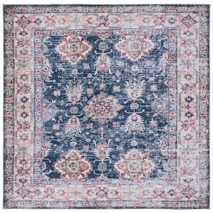 Tucson Navy/Beige 6 ft. x 6 ft. Machine Washable Border Floral Distressed Square Area Rug