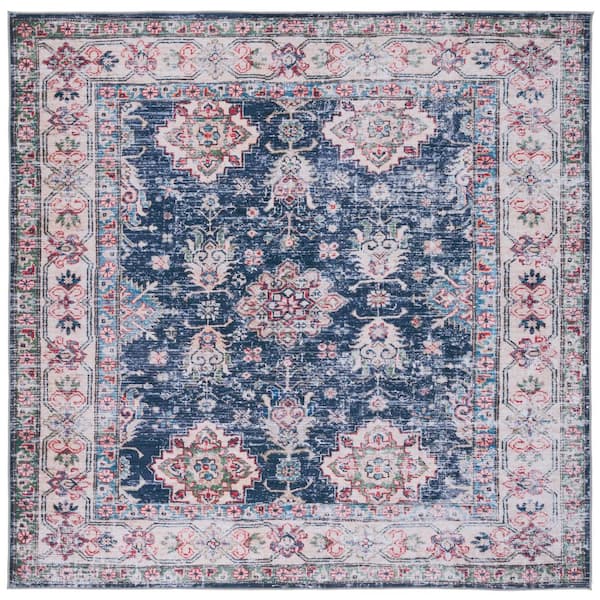 SAFAVIEH Tucson Navy/Beige 6 ft. x 6 ft. Machine Washable Border Floral Distressed Square Area Rug