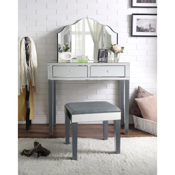 Inspired Home Primrose Grey Vanity Tables with Trifold Mirror