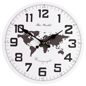 12 in. White and Black Battery Operated Round Wall Clock with Continent Design