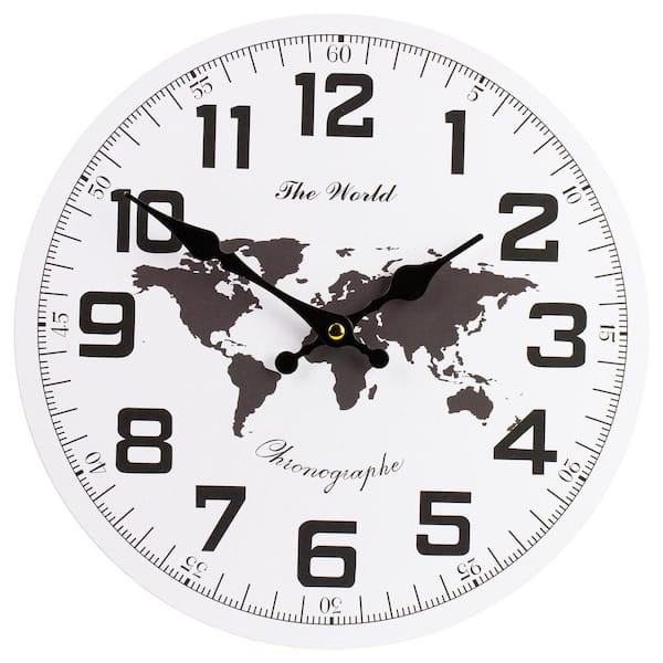 Northlight 12 in. White and Black Battery Operated Round Wall Clock with Continent Design