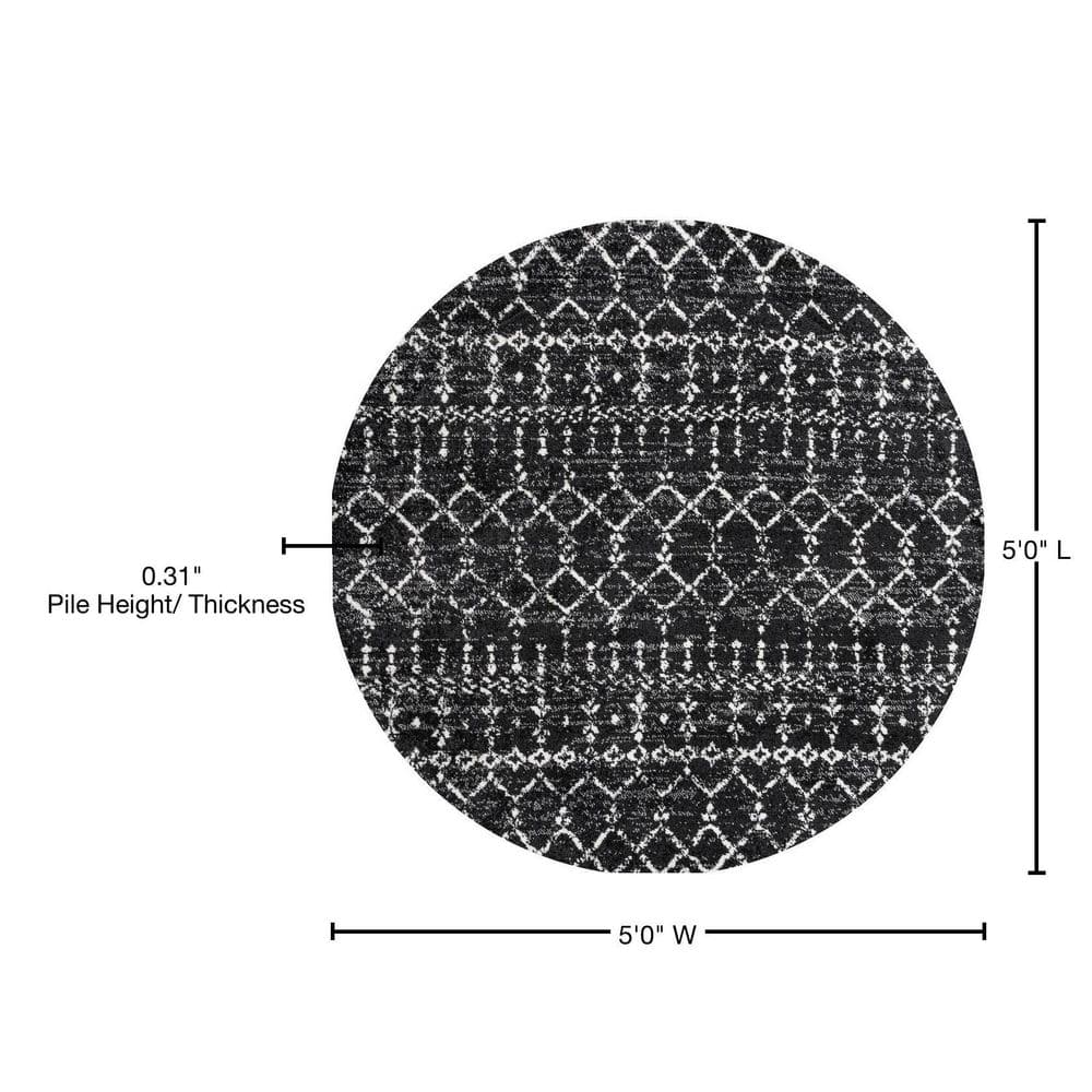 Vintage Moroccan Trellis 5' Round Rug in Black/Ivory