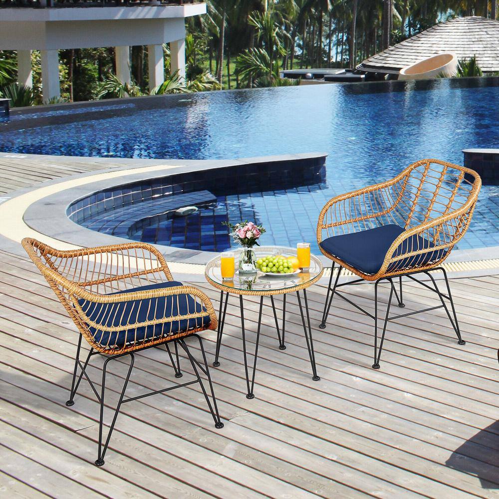 Navy Cushioned Rattan and Steel Outdoor Bistro Set