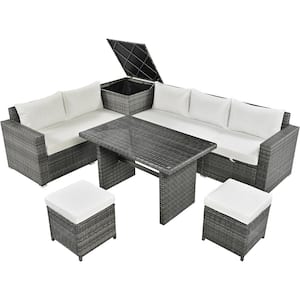 6-Piece Outdoor All Weather PE Wicker Rattan Sofa Sectional Set with Beige Cushions and Tempered Glass Top Table