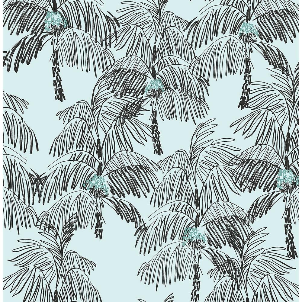 Sky Blue and Black Tropical Palm Peel and Stick Wallpaper