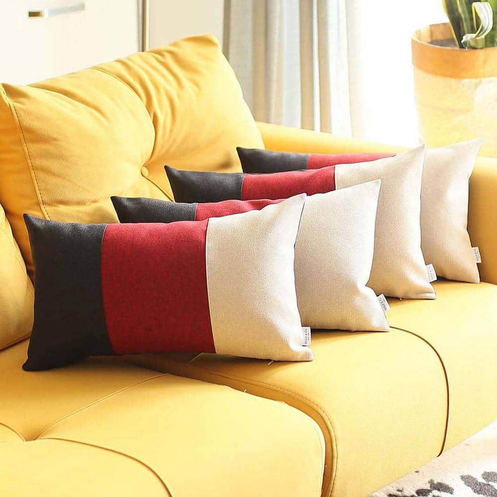 Boho-Chic Handcrafted Jacquard Black, Red, and Ivory Lumbar Pillow Covers Set of 4