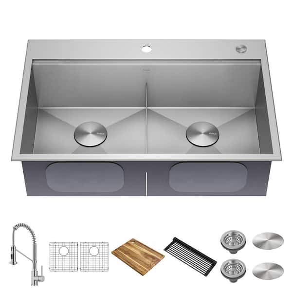 KRAUS Loften 33 in. Drop-In/Undermount Double Bowl 18 Gauge Stainless Steel Kitchen Workstation Sink w/ Faucet and Accessories