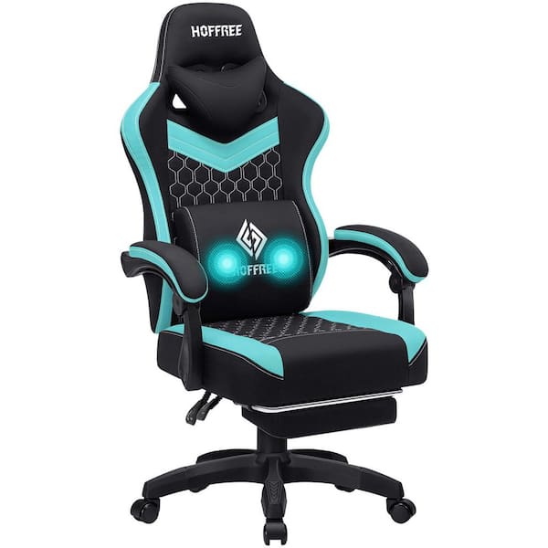 Hoffree Fabric Reclining Ergonomic Gaming Chair in Teal/Black with Vibration Lumbar Pillow and Footrest