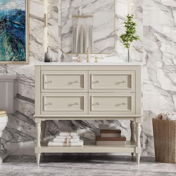 EPOWP 36 in. W x 18 in. D x 34 in. H Single Sink Freestanding Bath Vanity in Beige with White Resin Top and Storage Cabinet