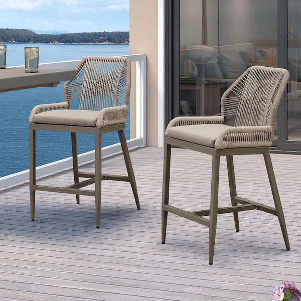 PURPLE LEAF Modern Aluminum Twill Wicker Woven Counter Height Outdoor Bar Stool with Back and Sunbrella Taupe Cushion (2-Pack)