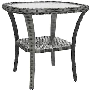 Wicker Outdoor Side Table with Storage Shelf and Glass Top for Garden, Porch, Backyard, Mix Gray