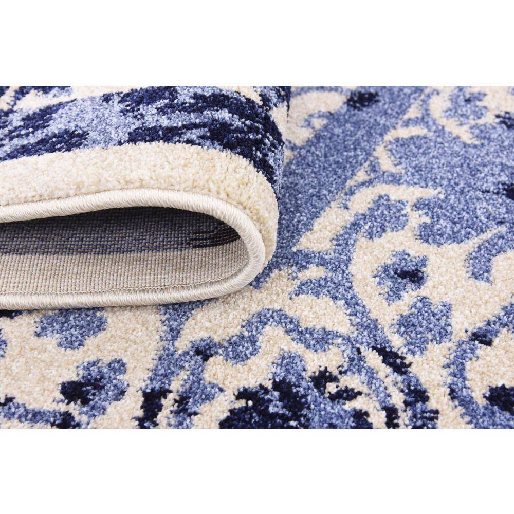 Ivory and Blue Square Stain-Resistant Synthetic Rug, 6' x 6'